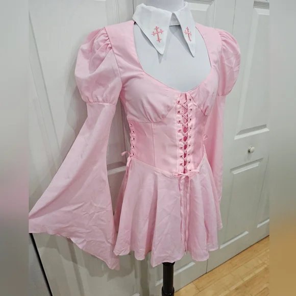 Dolls Kill Pink White Cross Sugar Thrillz Noble Hearted Corset lace up Dress S - Picture 2 of 8